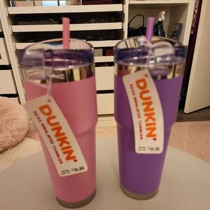 Two DUNKIN 32 Oz Insulated Stainless Steel Tumblers Purple & Pink 2024